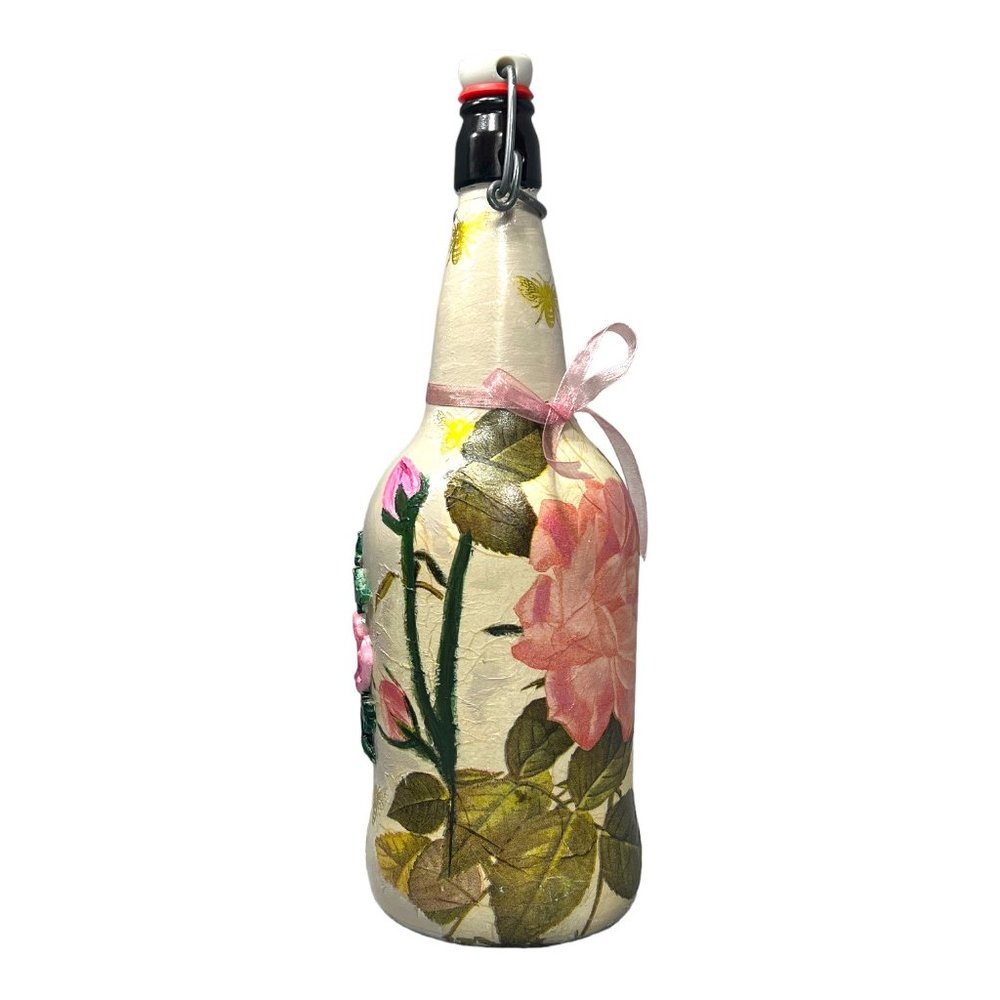Hand Painted, Decoupaged and Clay Molded Flip Top Glass Bottle Vintage 3D Roses - Picture 4 of 15
